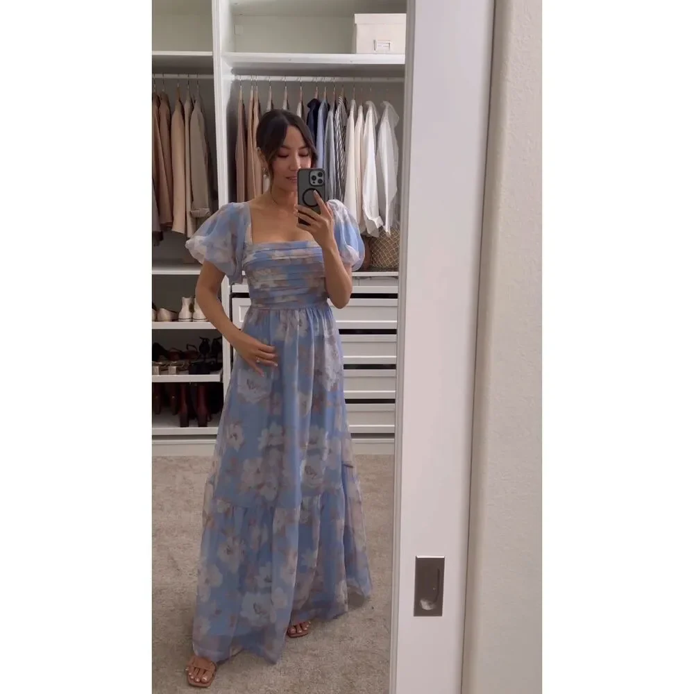 Abercrombie & Fitch Emerson Drama Bow Back Maxi Dress In Blue Floral Size MP